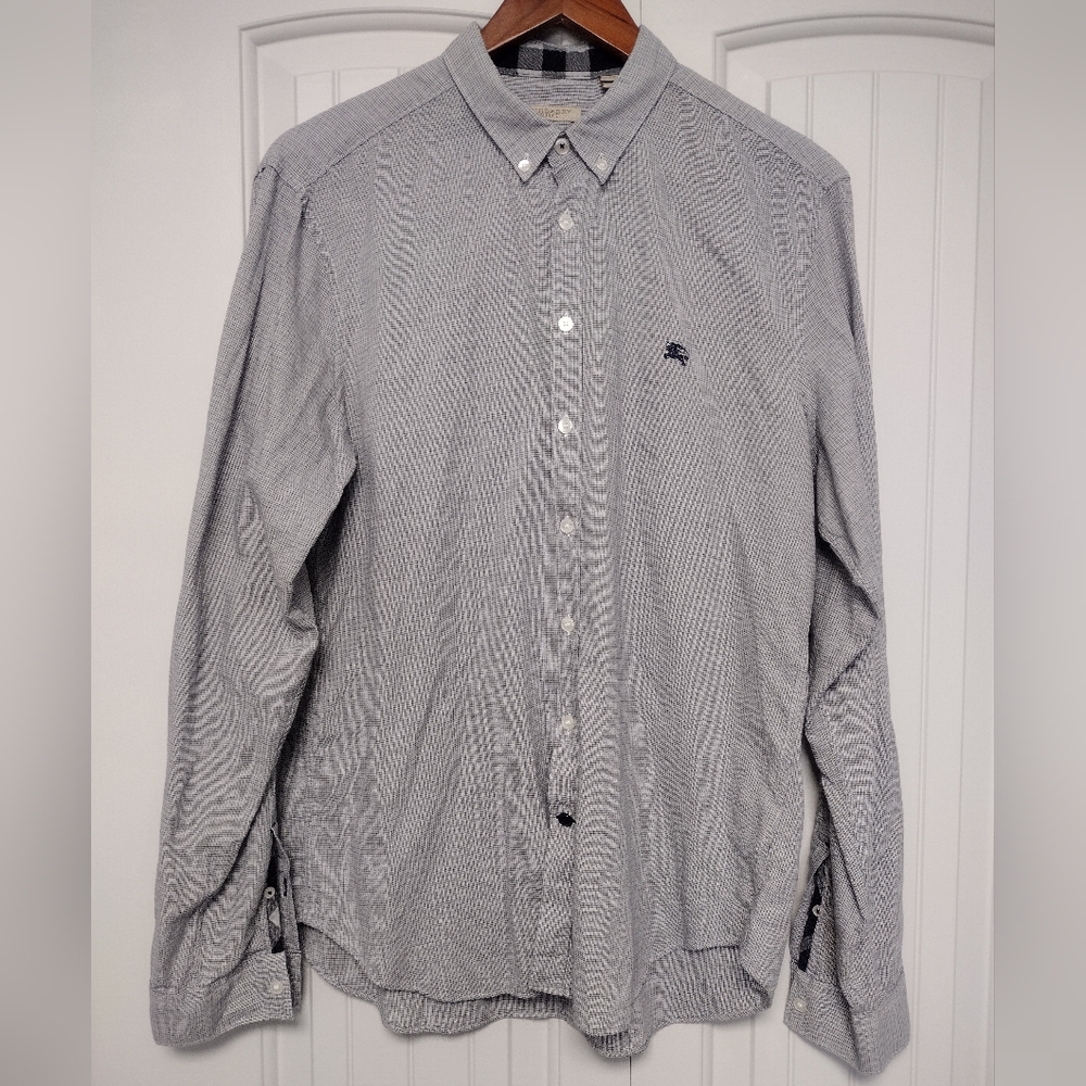 Burberry Brit Blue Micro Check Button Down Knight Logo Cotton Poplin Men's Large